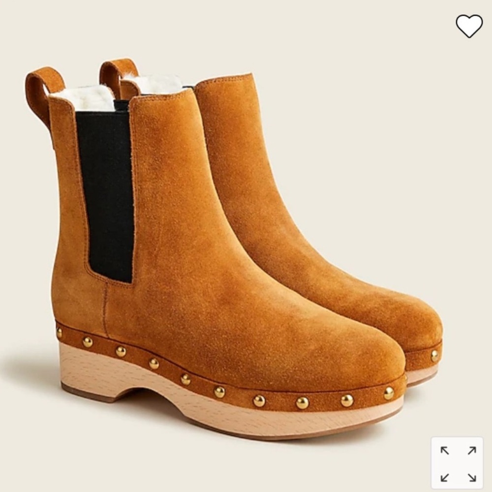 J Crew Brown Suede Leather Clog Boots Faux Fur Lined Women's Size 7.5 Shoe